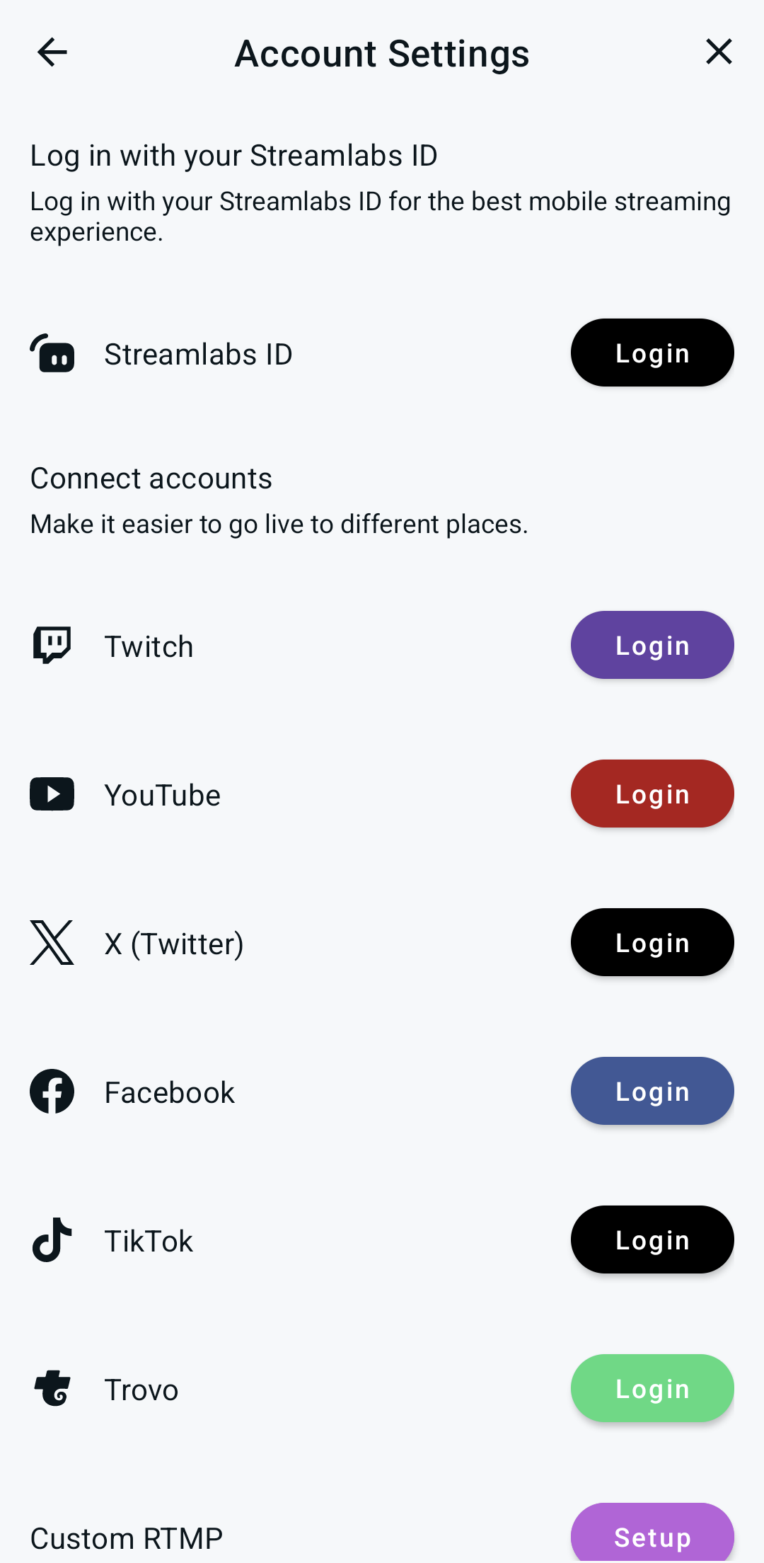 Platforms page in the Streamlabs Mobile app